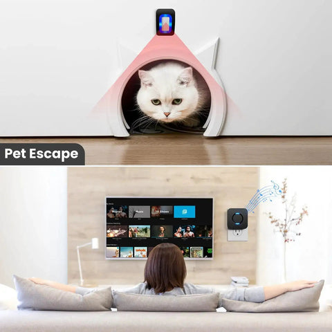Motion Sensor LED Light With Wireless Alarm Chimes and 500 Ft Range installed above a pet entrance, alerting in living room