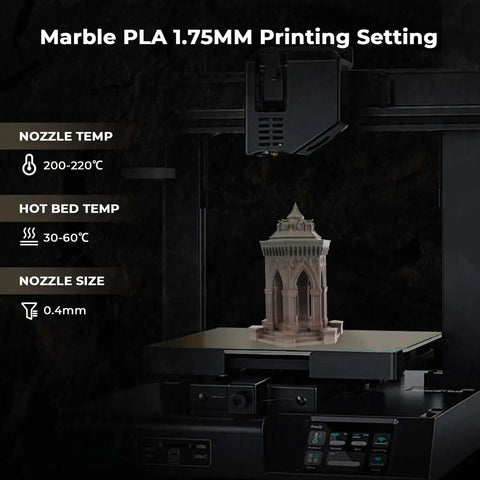 Fossil Gradient Stone PLA Filament 1.75mm for 3D printing with accurate nozzle and bed temperature settings, printing a model.