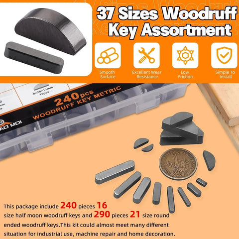 Woodruff Key Assortment Kit With 530 Pieces In 37 Sizes, Metric Woodruff Keys And 240 Half Moon Keys Plus 290 Stainless Steel Round Ended Feather Keys For Fasteners, Machinery, Crankshafts, DIY Projects And Gearhead Friendly Use displayed next to an organized storage case and a coin for scale comparison.