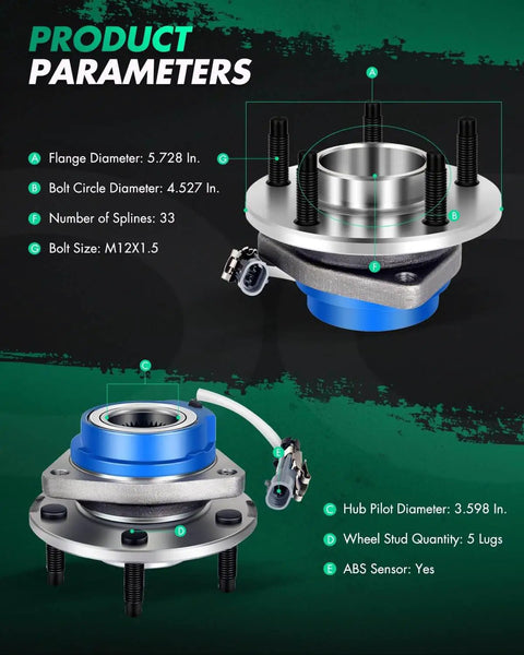 Diagram showing specifications for 2pcs Front Wheel Hub Bearing 513121 Pack for Buick, Cadillac, Chevrolet, Pontiac, 5-Lug ABS.