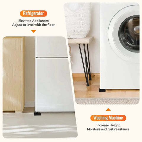 Refrigerator and washing machine with Heavy Duty Adjustable Bed Risers Set 4 Pack With 2, 3 And 4 Inch Lift Blocks installed