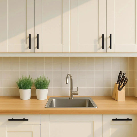 Kitchen cabinet with Solid Brass Cabinet Pulls 4 Pack Matte Black Euro T Bar Handles With 5 Inch Hole Center installed, above sink area.