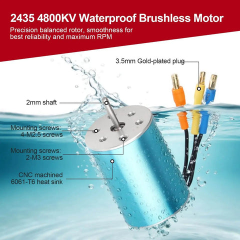 2435 4800KV waterproof brushless motor with gold-plated plug and blue CNC machined heat sink, submerged in water