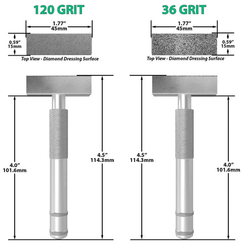 Grinding Wheel Dresser Tool For Trueing And Restoring Grinding Wheels With 36 Grit And 120 Grit Diamond Dresser That Removes Loaded Material Trueing The Wheel Surface Reduces Heat Build Up And Improves Finish ATLIN Pro Grade Kit, dimensions shown.