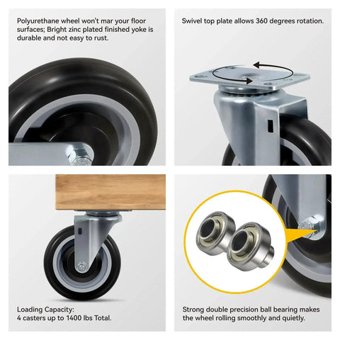Heavy Duty 5 Inch Swivel Caster Wheels Set Of 4 With 1400 Lb Load Capacity Polyurethane Replacement Casters side view
