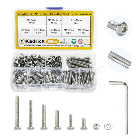 304 Stainless Steel Button Head M5 Screws Kit With 180 Pieces Hex Socket Bolts Nuts And Washers In A Heavy Duty Pro Grade Practical Assortment