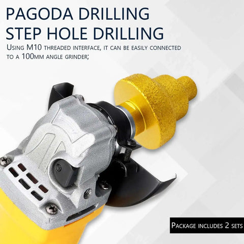 Front view of 2 Pack 3 in 1 Diamond Step Core Drill Bit Set Featuring 20mm 35mm 50mm Holes with M10 Thread and Conversion Rod for Marble Tile Concrete Granite Quartzite Heavy Duty Diamond Coating for DIY and Pro Projects attached to a 100mm angle grinder.