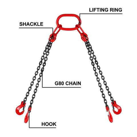 Four-leg G80 chain sling with red lifting ring and red hooks for engine lift applications