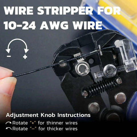 Close-up of self adjusting wire stripper and cutter with crimping, handling 10 to 24 AWG wire, showing adjustment knob for wire thickness.