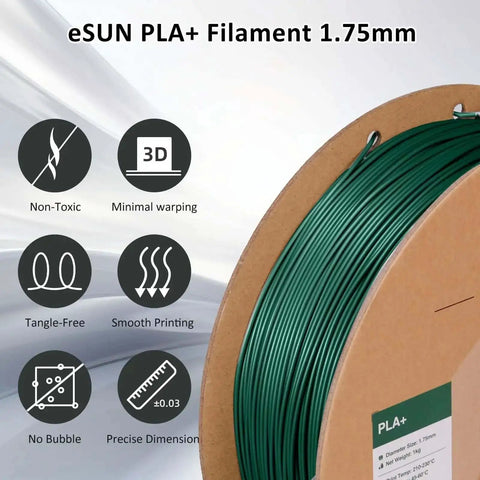 PLA Plus 1.75mm Filament For 3D Printers 1kg Cardboard Spool Pine Green with icons for features and benefits