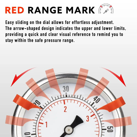 Close-up of 0 To 100 Psi Glycerin Liquid Filled Pressure Gauge with red range mark on 2.5-inch dial for accuracy and safety.