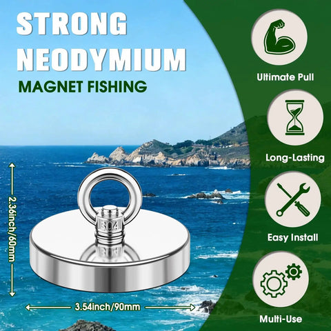 Image of 1000 Lb Neodymium Fishing Magnet With Countersunk Eyebolt For Lake Beach Lawn, showcasing stainless steel design against ocean backdrop.