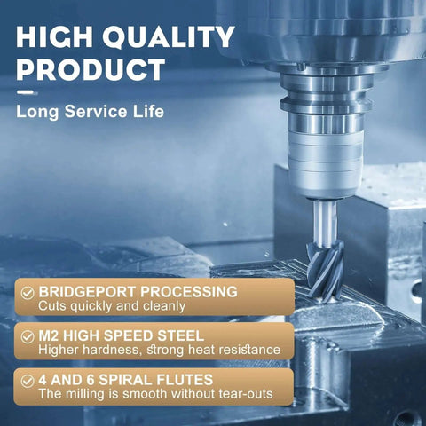Bridgeport milling machine with 6PCS HSS End Mill Set for hard alloy steel, 4 and 6 flute mills cutting on metal surface.