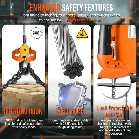 3 In 1 Electric Hoist Winch With Wireless And Wired Remote 1500W 120V Crane 25ft Lift Overload Protection safety features