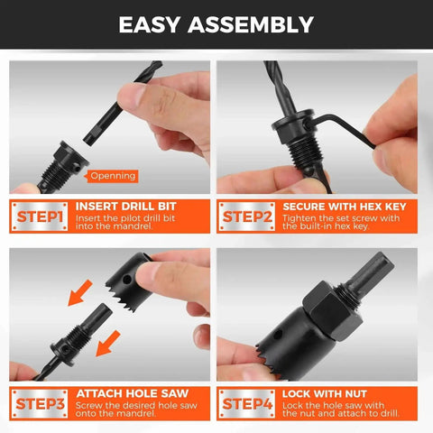 Assembly steps for 8 Piece Hole Saw Kit With Sizes 1 To 2 1/8 Inches For Soft Wood Plywood And PVC, including hex key use.