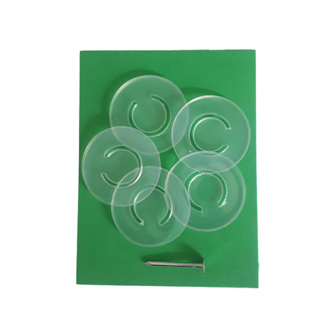 Six transparent plastic vacuum valve discs for food jars with a small metal pin.