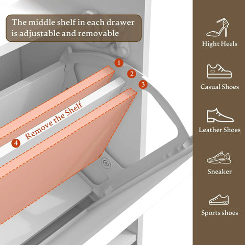 Farmhouse Narrow Shoe Cabinet With Odor Control Deodorizer 2 Flip Drawers showing adjustable and removable middle shelf