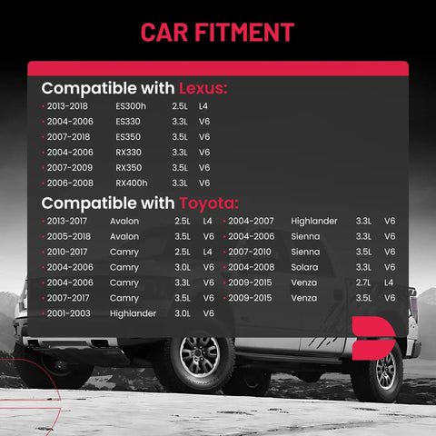 Compatibility chart for Front Wheel Bearing Hub Assembly 5 Lug 2 Pack with Toyota and Lexus models, including Camry, Avalon, RX350.