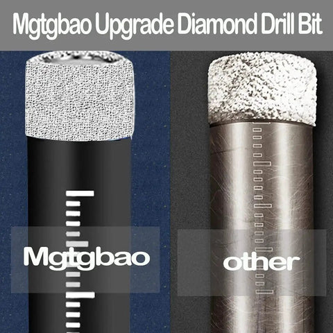 Close-up view of two diamond drill bits, Mgtgbao upgrade and standard, showcasing textured tips and measurement markings.