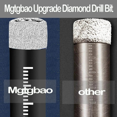 Comparison of Mgtgbao diamond drill bit with another brand, showing textured drill surface and measurement markings.