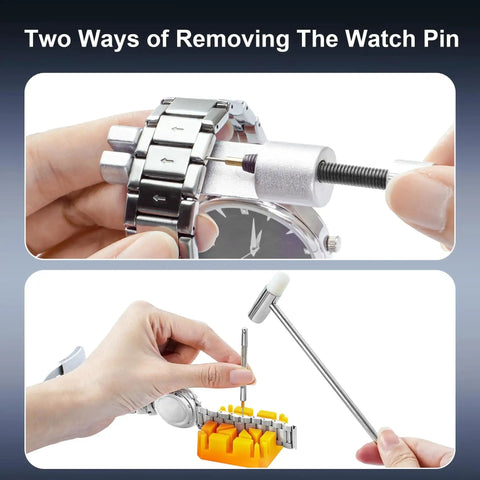 Watch Repair Tool Kit For Battery Replacement, Strap Adjustment, Link Pin Remover, Case Back Opener And Pry Knife With Hammer shown in use