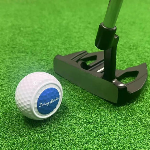 Golf putter next to Game Changing Putting Wheels Training Aid Set Of 3 For True Roll Practice Golf Alignment Tool on green surface.