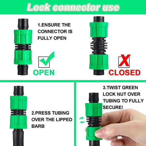 Hotop 12-piece drip irrigation connector set, 5/8 in universal fittings, green locking nut for 16–17 mm tubing