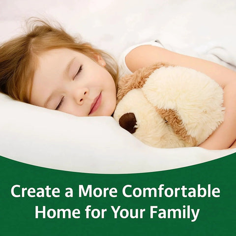 Child sleeping with stuffed animal, text reads 'Create a More Comfortable Home for Your Family'