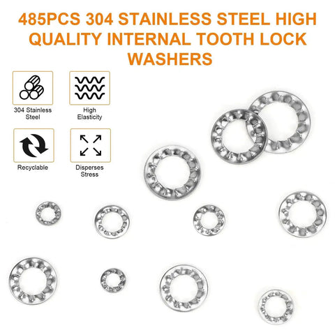 Illustration of 485-piece 304 stainless Internal Tooth Star Lock Washers Kit in assorted sizes M2.5 to M12 for anti-loose fastening.