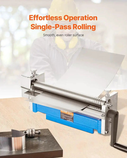Beefy Slip Roll Metal Forming Machine 12.6 Inch With Detachable Rollers shown forming metal sheet on workbench