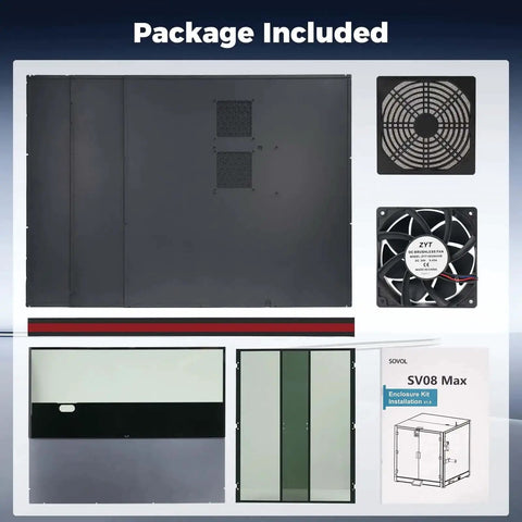 Package contents for Metal And Tempered Glass Open Enclosure With Drag Chain And Filter Fan For SV08 Max 3D Printer Stable Temperature