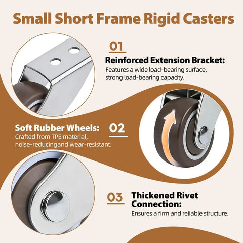 1.5 Inch Small Caster Wheels Two Pack, Heavy Duty Non Swivel Rigid Casters With 180 Lb Load Capacity, Rubber Replacement Wheels
