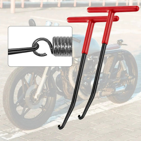 Two Pack Exhaust Spring Puller Tool T Handle For Motorcycle Dirt Bike Snowmobile, red handles, shown with spring close-up.