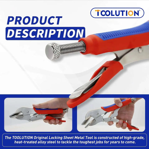Close-up of locking pliers set three pack pro grade for welding and metalworking, featuring red and blue handles, 11 inch C clamp pliers.