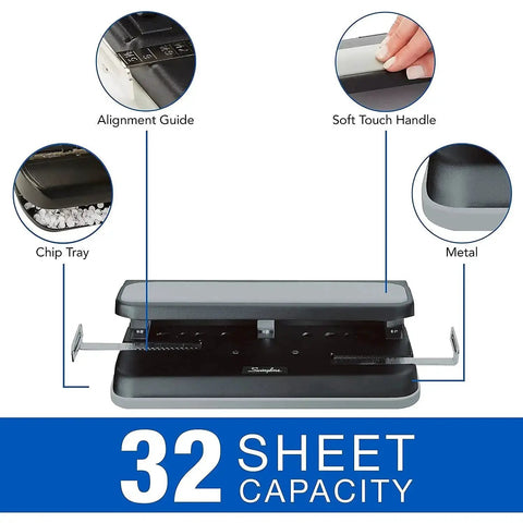 Image of Heavy Duty 2 To 7 Hole Punch With Adjustable Head And Easy Touch Handle 32 Sheet Capacity, showing alignment guide and chip tray