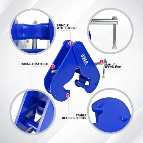 Close-up of 5 Ton I Beam Clamp For Lifting Rigging 3.1 To 12.6 Inch Flange Beams showing durable material and spindle groove.