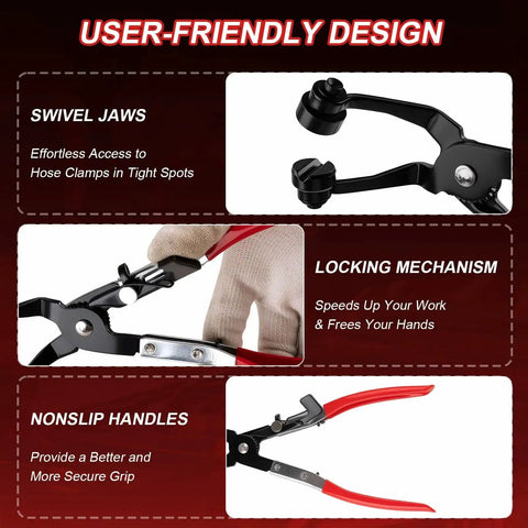 Diagram of 16 Piece Hose Clamp Pliers Set With Long Reach For Fuel Oil Coolant Hoses, showing features like swivel jaws and locking mechanism.