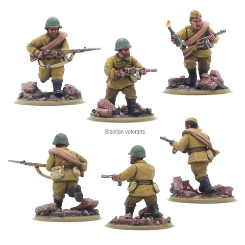 Soviet Army Infantry Platoon 28mm Scale Miniatures with Mosin Nagant rifles and carbines, showing Siberian veterans in wargame pose.