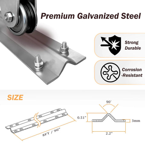 Heavy Duty Galvanized V Track For Sliding Gates, Inverted V Groove Gate Rail, silver color, with wheel and anchor bolts visible
