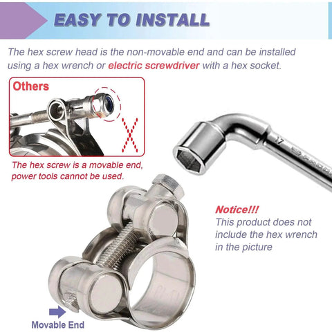 Close-up of Four Pack 1.05 Inch T Bolt Hose Clamps 304 Stainless Steel Heavy Duty Turbo Intake Clamp With Flanging Design showing hex wrench use.