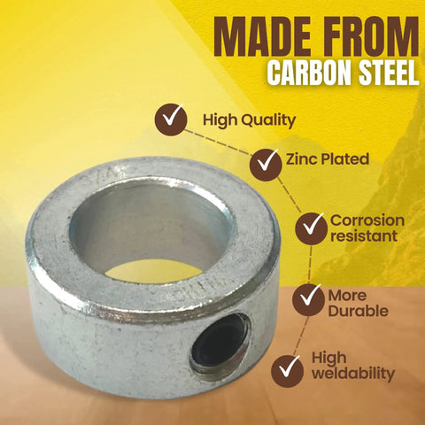 Four Pack 0.75 Inch Bore Solid Steel Shaft Collars Zinc Plated with socket cup point set screws against a carbon steel background