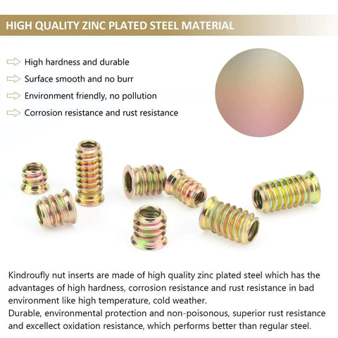 152 Piece Threaded Inserts Set For Wood, steel nut inserts shown in various sizes, zinc plated for furniture repair.