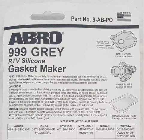 ABRO 999 Grey RTV Silicone Gasket Maker packaging with application instructions and compatibility chart.