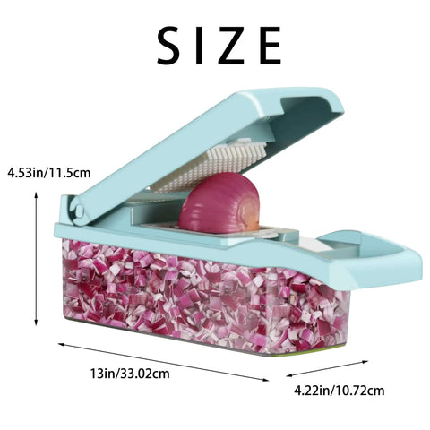 Side view of 12 in 1 Vegetable Chopper And Slicer For Kitchen Prep Like A Pro, Multipurpose Food Chopper with onion and diced pieces