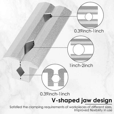 Side view of Aluminum Alloy Magnetic Vise Jaw showing V-shaped design and clamp range for wood and metal projects.