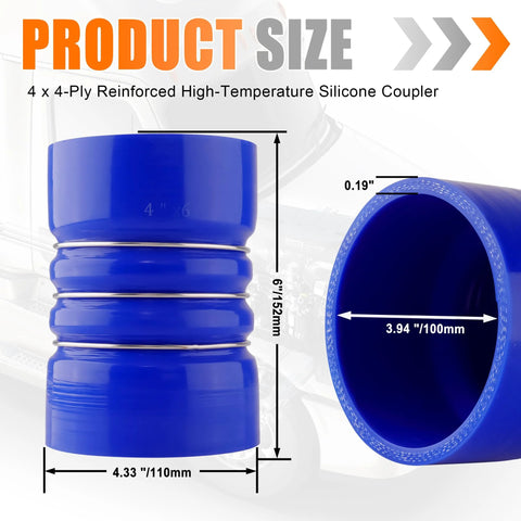 Blue silicone CAC hump hose, 4-inch ID, 4-ply reinforced high-temp, with 3.94 inch inner diameter and 4.33 inch outer diameter.