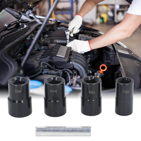 5 Piece Bolt Extractor And Lug Nut Remover Kit For Damaged Fasteners, 1/2 Inch Drive Impact Sockets Visible in Auto Repair Use
