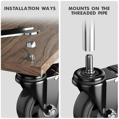 Four Inch Stem Caster Wheels Set Of Four Heavy Duty With Half Inch 13 UNC X 1 Threaded Stem Dual Lock Brakes Industrial Castors installation view