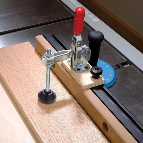 2 Inch Long Heavy Duty Toggle Clamp Foot With Broad Soft Pad for no mar clamping on miter gauge in woodworking setup