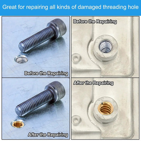 PATIKIL brass threaded repair insert nut collage; before and after repair showing a damaged threaded hole and brass insert installed